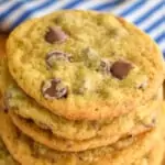 close up stack of banana chocolate chip cookies as a Pinterest graphic