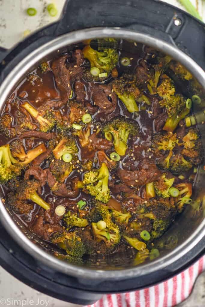 overhead view of an instant pot full of beef and broccoli recipe
