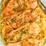 Pinterest graphic of piccata chicken showing overhead view of chicken on a bed of spaghetti