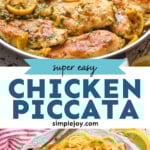 „Pinterest“ vištienos piccata grafika, sakoma "labai lengva vištiena piccata simplejoy.com"