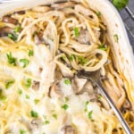 pinterest graphic of the overhead of a casserole dish filled with chicken tetrazzini, says: the best chicken tetrazzini