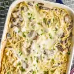 overhead view of a casserole dish full of chicken tetrazzini