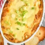 overhead view of a casserole dish full of crab dip