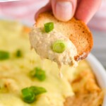 pinterest graphic of a cracker that has been dipped in crab dip, says: "the best hot crab dip, simplejoy.com"