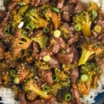 overhead view of a bowl of instant pot beef and broccoli over rice