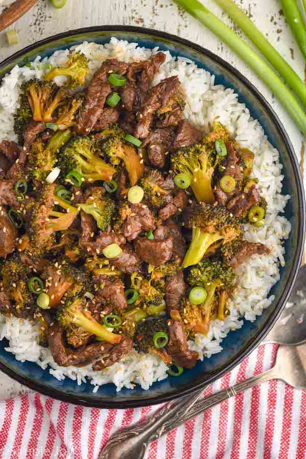 overhead view of a bowl of instant pot beef and broccoli over rice