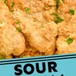 pinerest graphic overhead image of a close up piece of baked sour cream chicken