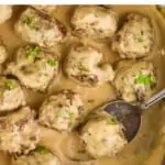 pinterest graphic of overhead of a pan of swedish meatballs in sauce garnished with parsley