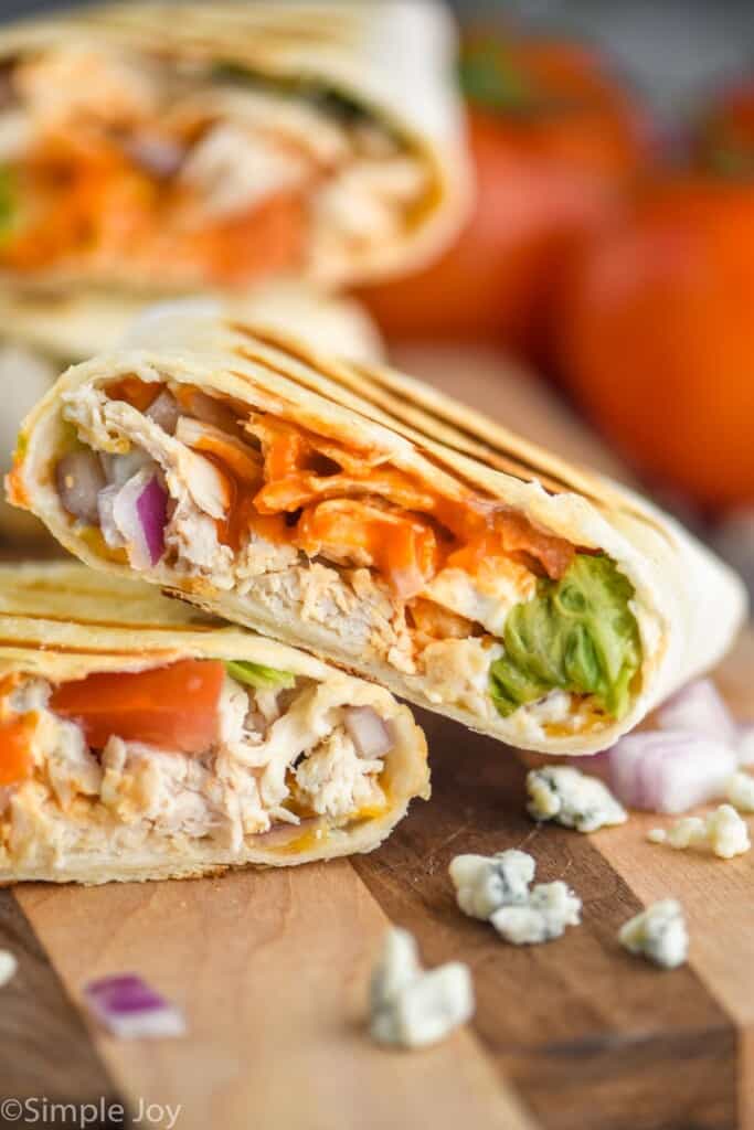 close up cross section of a buffalo chicken wrap