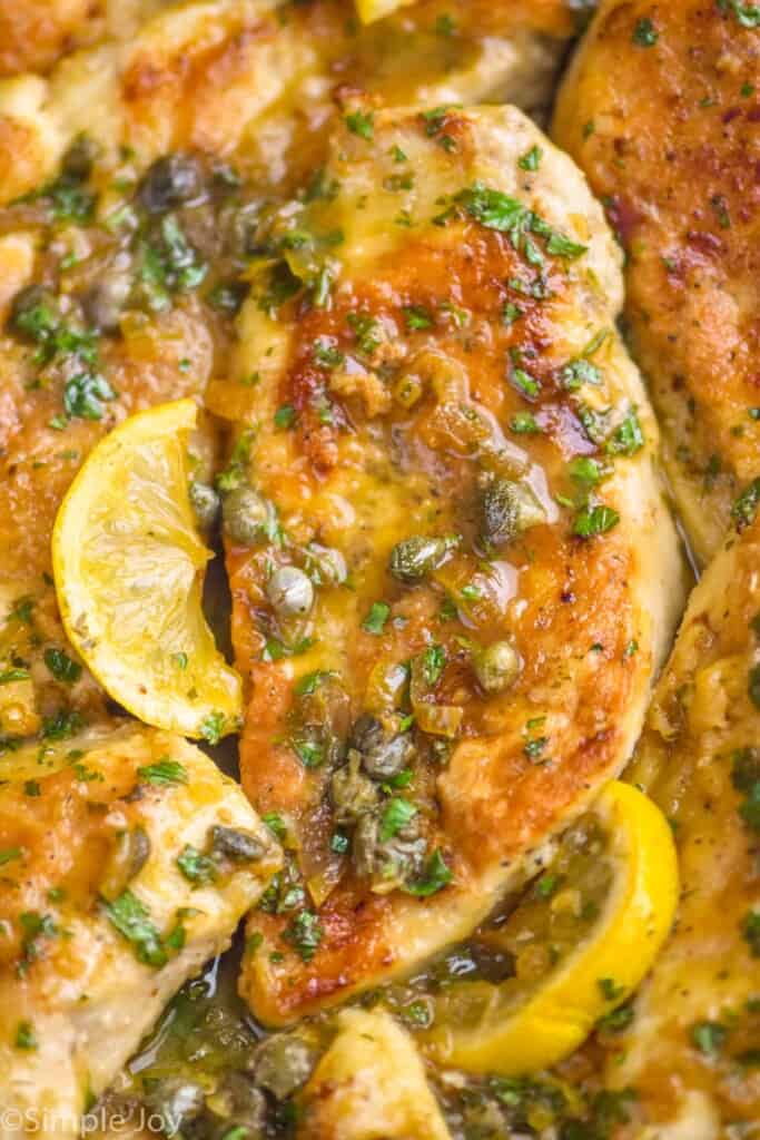 close up overhead view of a pice of lemon chicken piccata