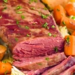 close up of corned beef and cabbage recipe that has been sliced