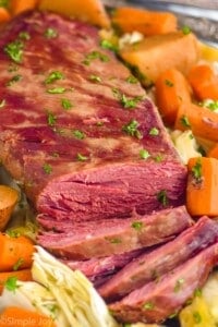 close up of corned beef and cabbage recipe that has been sliced
