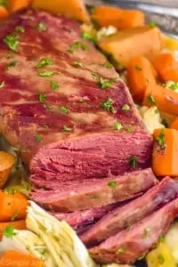 close up of corned beef and cabbage recipe that has been sliced