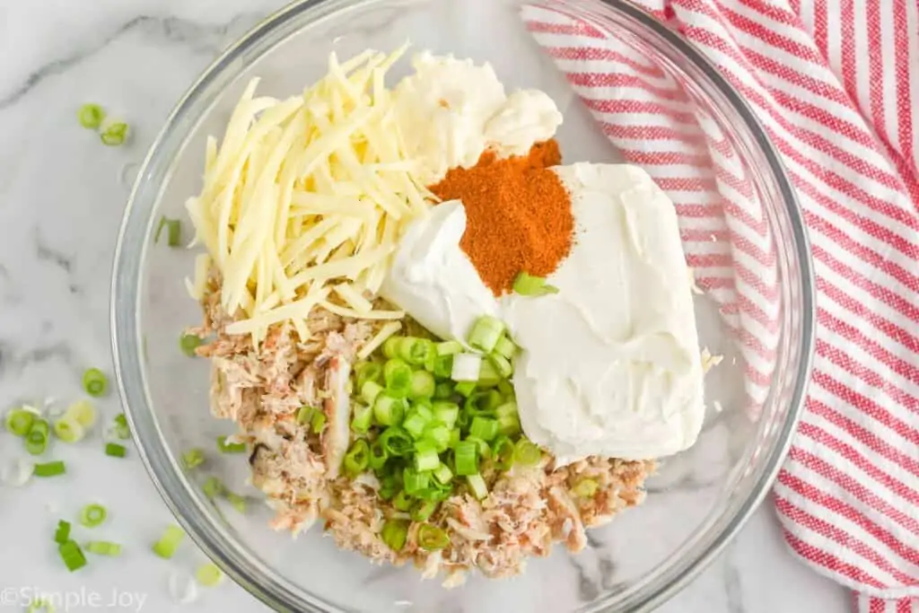 overhead view of ingredients fo hot crab dip recipe