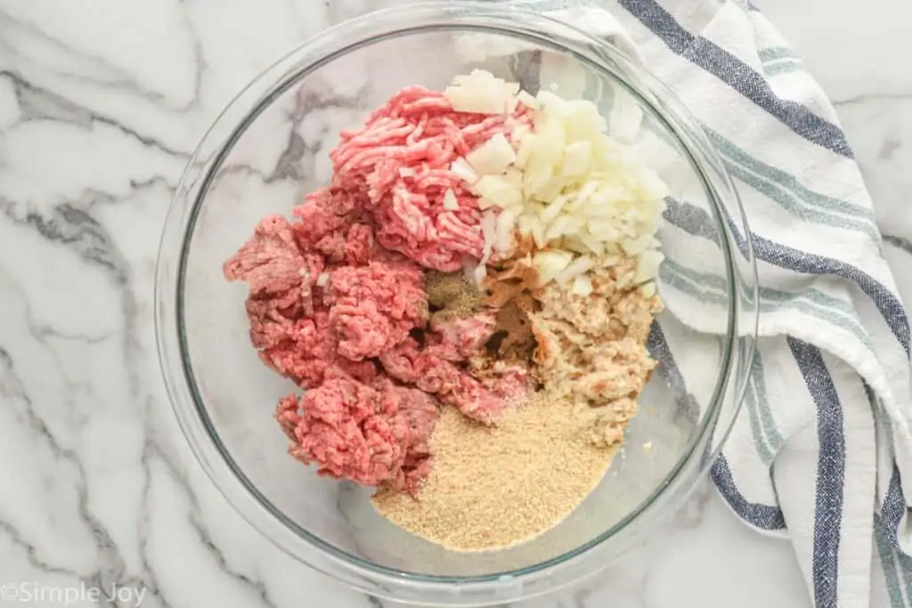 overhead picture of a bowl of ingredients for Swedish meatballs