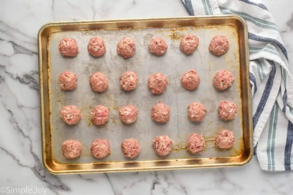 overhead photo of a baking dish full of Swedish meatballs