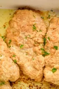 overhead image of a close up piece of baked sour cream chicken
