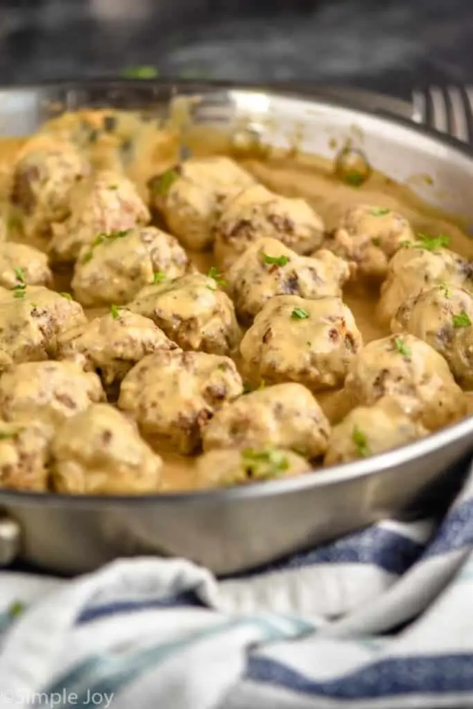 side view of a pan of easy Swedish meatballs