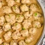 overhead of a pan of Swedish meatballs in gravy garnished with parsley - 15