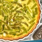 pinterest graphic of close up overhead photo of an asparagus quiche recipe