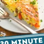 pinterest graphic of close up picture of a frittata recipe on a white plate garnished with parsley and parmesan