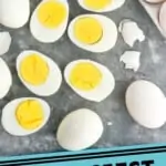 pinterest graphic of overhead view of instant pot hard boiled eggs, some cut in half and some in the process of being peeled