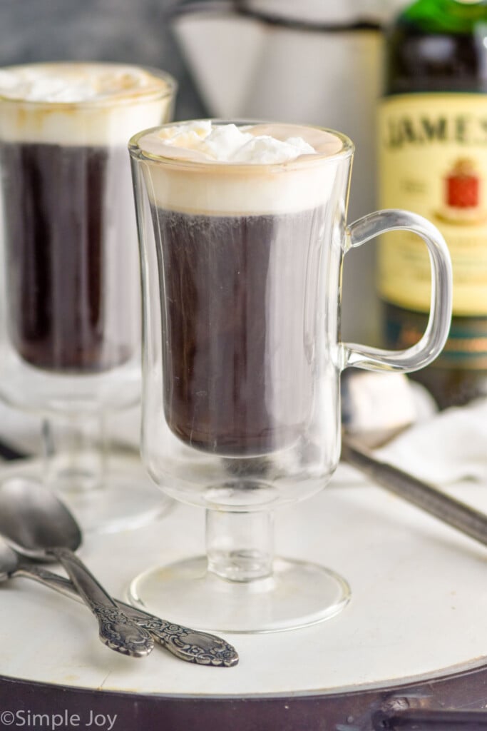 Irish coffee in a tall glass mug