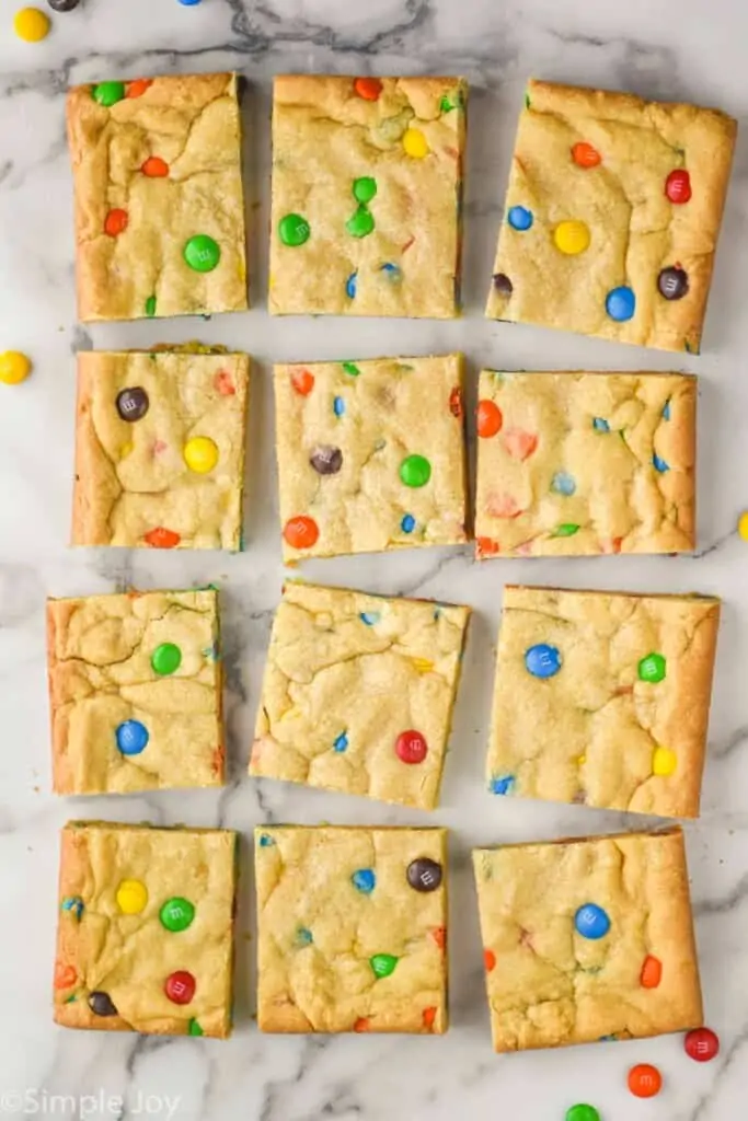 overhead view of m&m cookie bars cut up