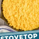 pinterest graphic of overhead view of a skillet full of Mac and cheese