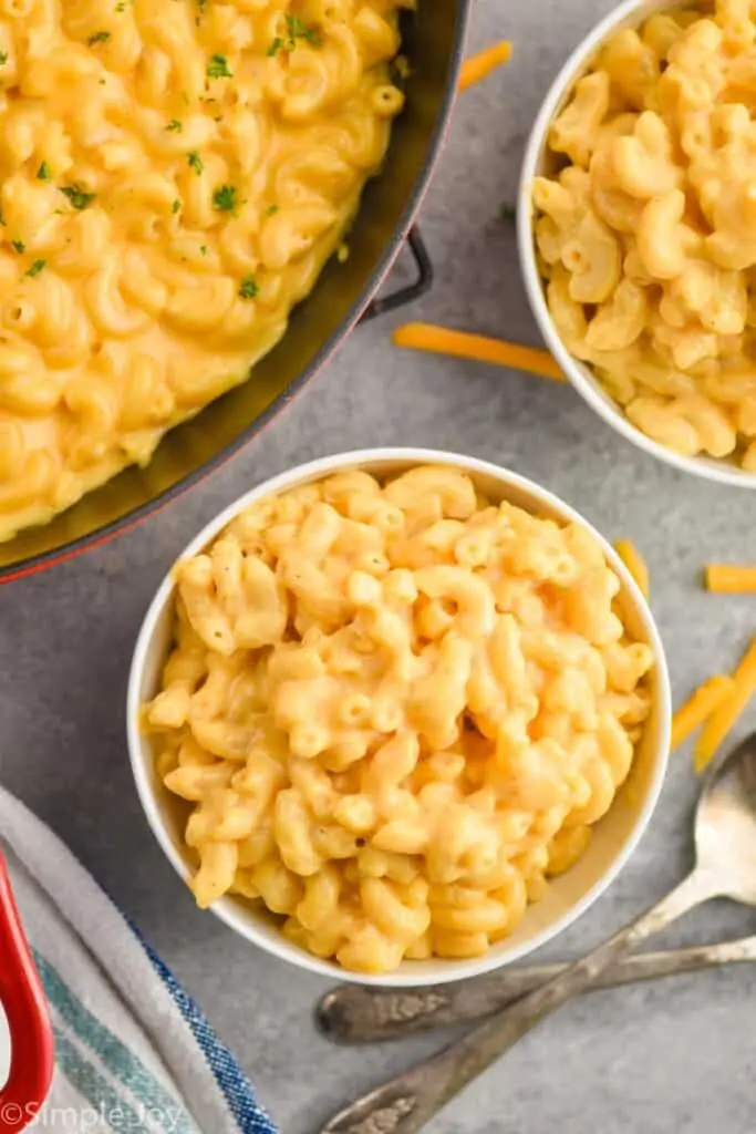 overhead view of a white bowl full of macaroni and cheese