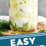 pinterest graphic of a jar of hard boiled eggs with liquid, peppercorns, and fresh dill