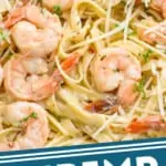 pinterest graphic of up close picture of shrimp with fettuccine