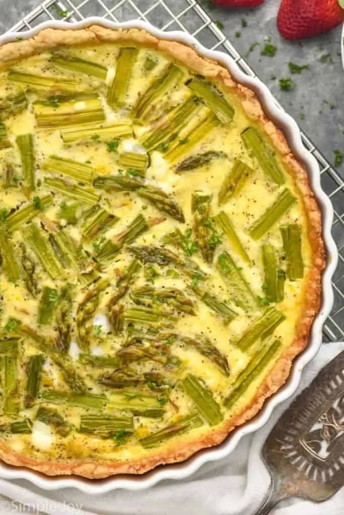 close up overhead photo of an asparagus quiche recipe