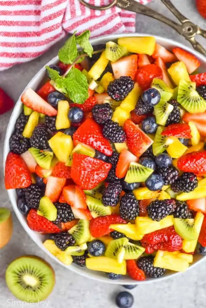 overhead of easy fruit salad in a bowl