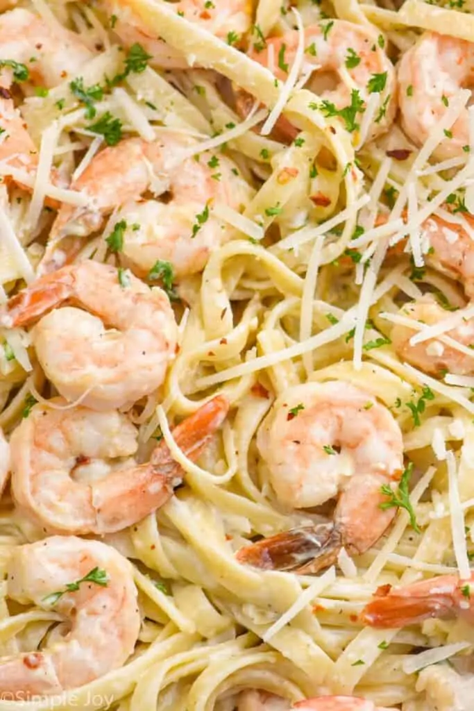 up close picture of shrimp with fettuccine garnished with parmesan and parsley