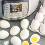 hard boiled eggs in front of an instant pot, some peeled, some cut in half - 8