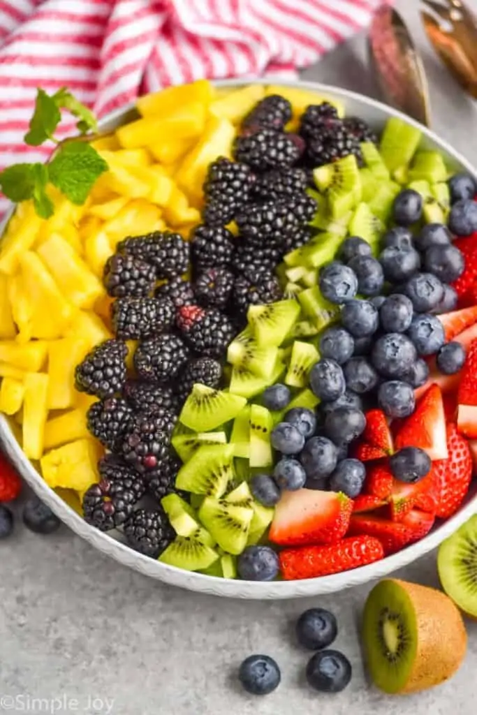 fruit in a bowl separated out by type of fruit