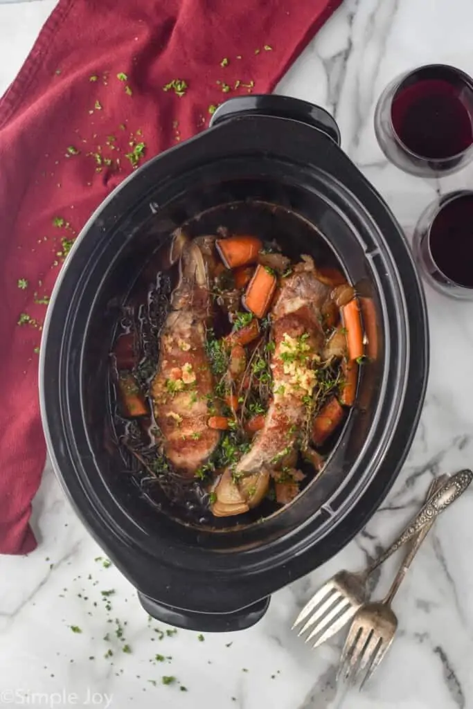 overhead photo of slow cooker pork tenderloin in the crock pot