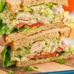 pinterest graphic of two half avocado tuna salads stacked on top of each other