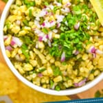 pinterest graphic of overhead of chipotle corn salsa recipe in a white bowl