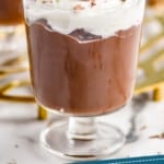 pinterest graphic wine glass with chocolate pudding in it and a spoon coming out