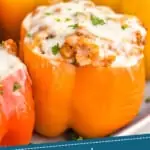 pinterest graphic oup close picture of an orange stuffed pepper
