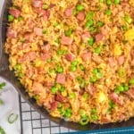 pinterest graphic of overhead of a pan of ham fried rice