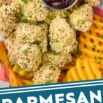 pinterest graphic of close up of homemade chicken nuggets in a basket with a small dish of bbq sauce and fries