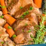 pinterest graphic of close up of slow cooker pork tenderloin