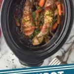 pinterest graphic of overhead of a crockpot with pork tenderloin