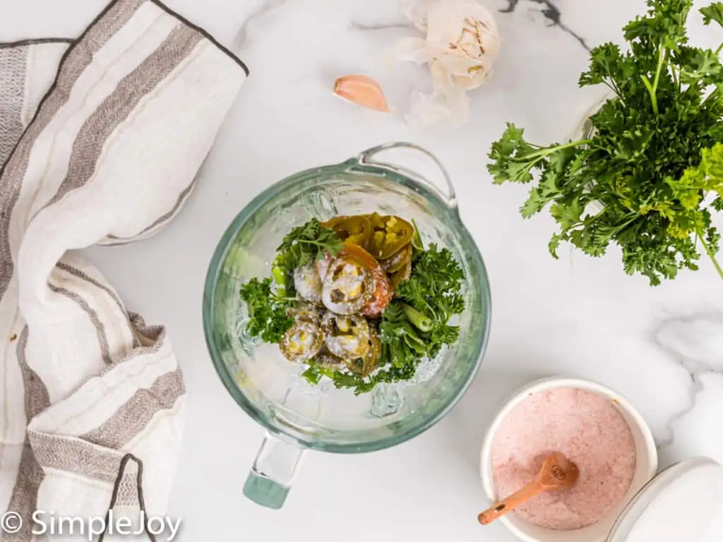 overhead of a blender with the ingredients for jalapeno ranch dressing it it