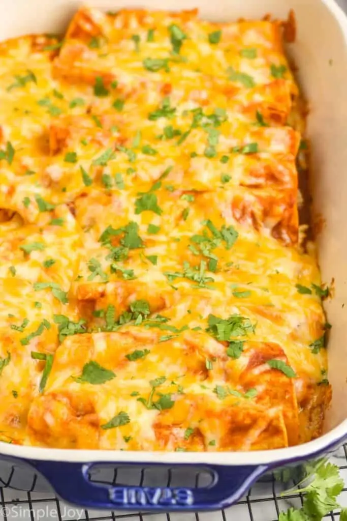 side view of a casserole dish full of baked enchiladas
