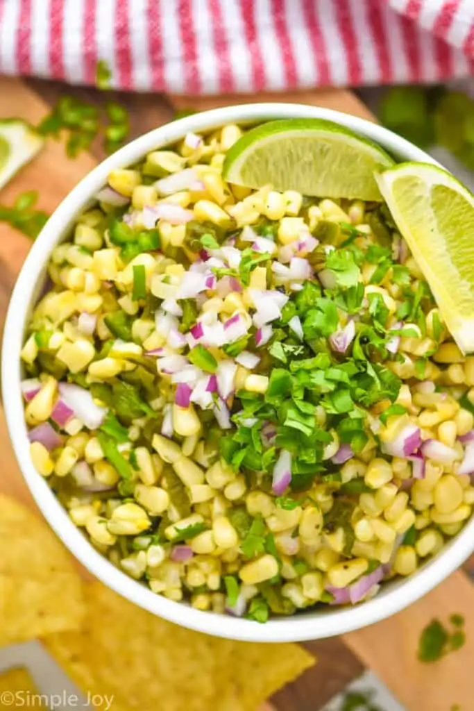 overhead of chipotle corn salsa recipe in a white bowl