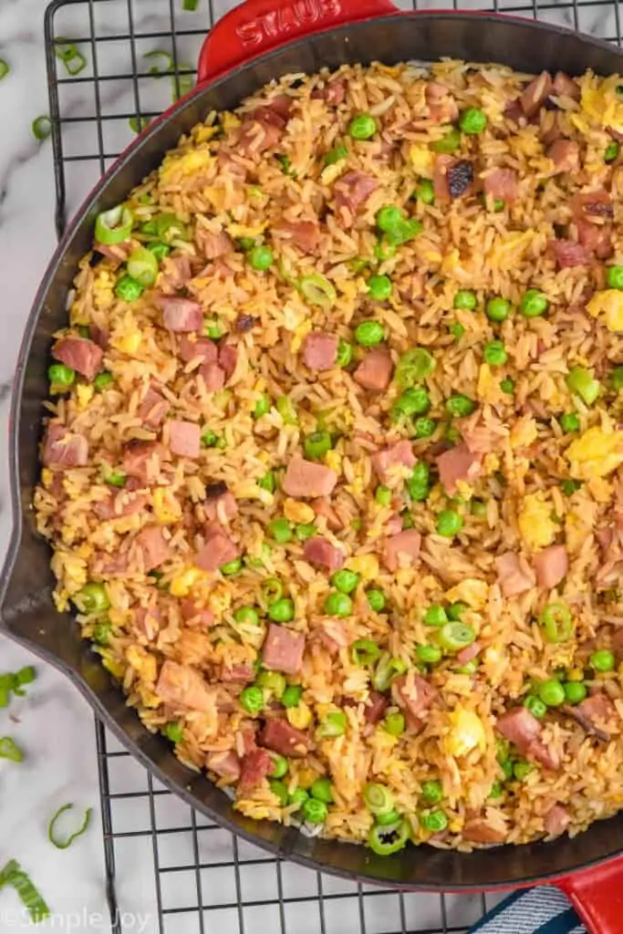 overhead of a pan of ham fried rice